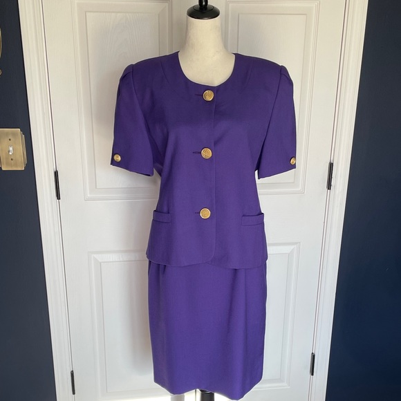 Vintage Oleg Cassini Purple Skirt Suit with Gold Accent Buttons Size Medium - Picture 1 of 13